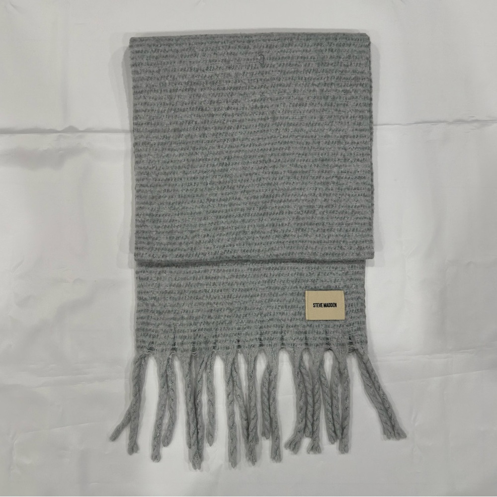 Steve Madden Soft Knit Fringe Scarf Gray Bouclé One Size